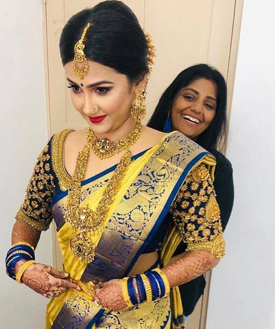Dashing Yellow And Blue Color Designer Silk Saree