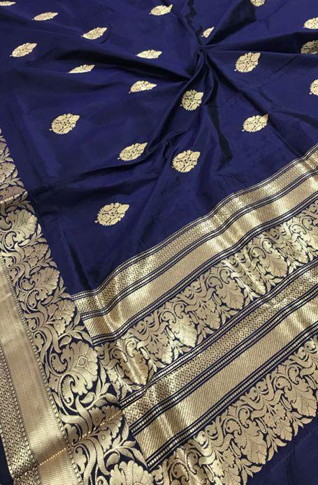 Adhesive Navy Blue Color Silk Designer Saree