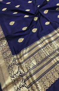 Adhesive Navy Blue Color Silk Designer Saree