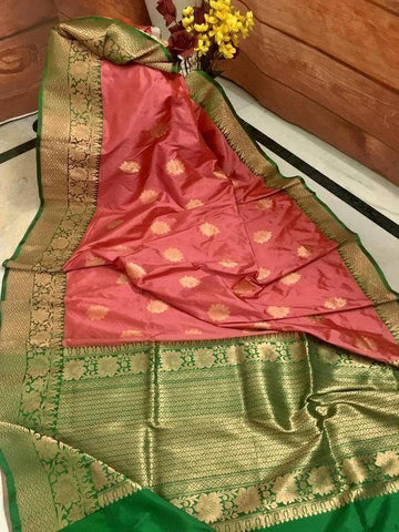 Awesome Light Red And Green Color Kanchipuram Silk Saree