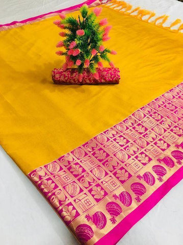 Dasihng Yellow & Pink Color Kanjivarm Designer Saree