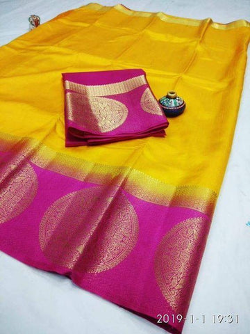 Dasihng Mustard & Pink Color Kanjivarm Designer Saree