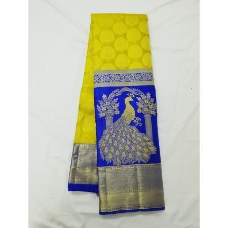 Captivating Yellow And Blue Color Kanjivarm Designer Saree