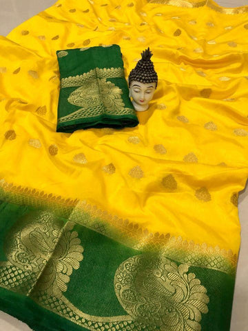 Fancy Yellow & Green Color Kanjivarm Designer Saree