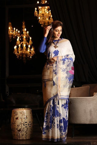 Flamboyant Multi Colours Pure Linen Jari Patta and Digital Print Saree with Blouse