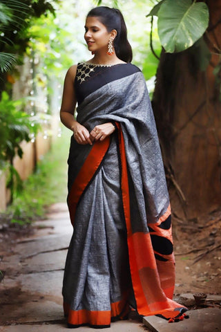 Jazzy Grey and Black Pure Linen Jari Patta and Digital Print Saree with Blouse