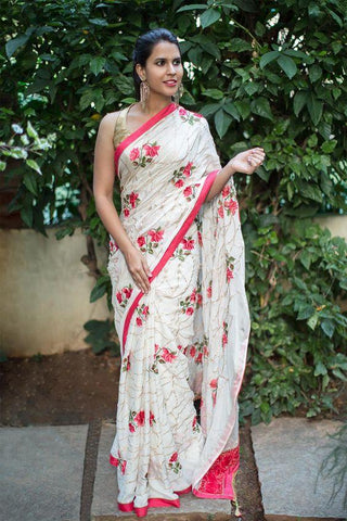 Smart Beige and Gold Pure Linen Jari Patta and Digital Print Saree with Blouse