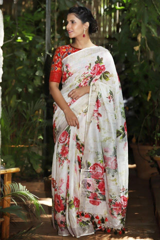 Impressive Beige and Red Pure Linen Jari Patta Digital Print Saree with Blouse