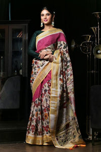 Mesmeric Pink and Beige Pure Linen Jari Patta and Digital Print Saree with Blouse