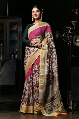 Mesmeric Pink and Beige Pure Linen Jari Patta and Digital Print Saree with Blouse