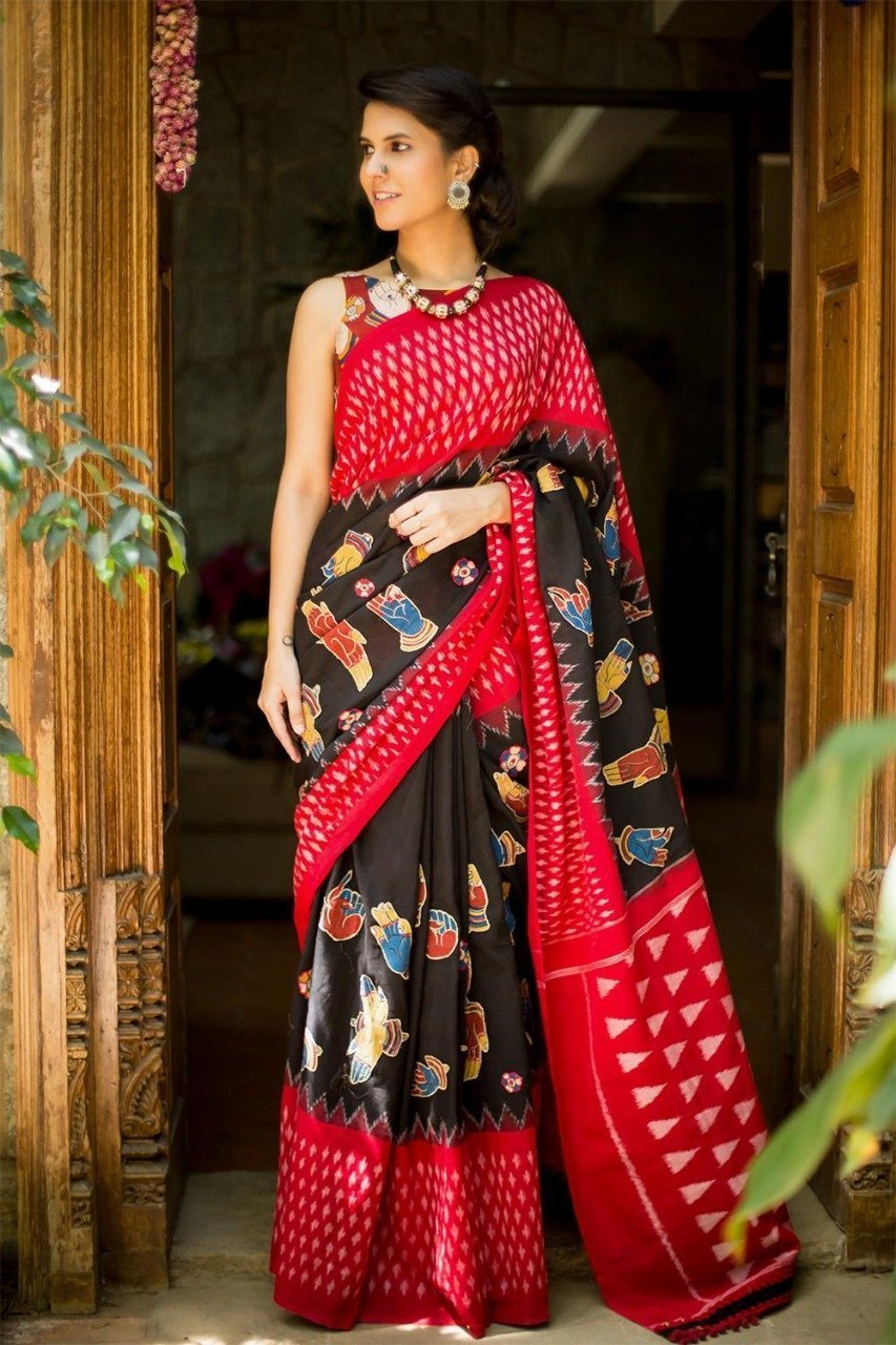 Glowing Red and Black Pure Linen Jari Patta and Digital Print Saree with Blouse