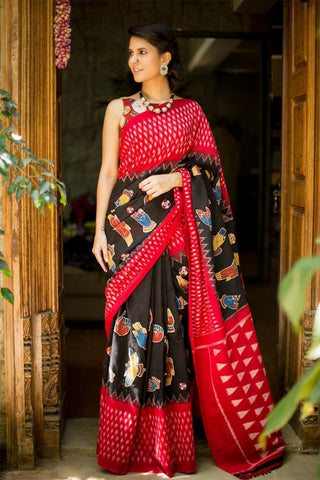 Glowing Red and Black Pure Linen Jari Patta and Digital Print Saree with Blouse