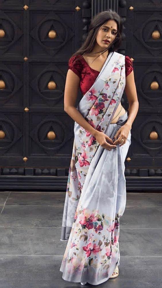 Phenomenal Grey and Maroon Pure Linen Jari Patta and Digital Print Saree with Blouse