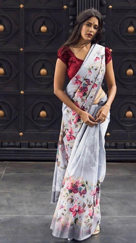 Phenomenal Grey and Maroon Pure Linen Jari Patta and Digital Print Saree with Blouse