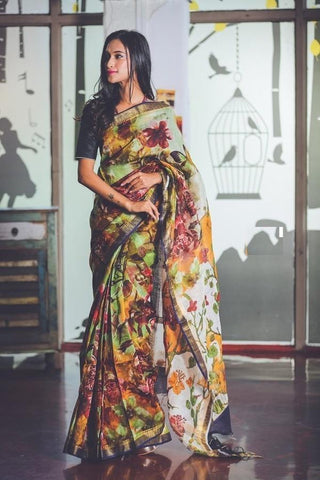 Prominent Multi Colours Pure Linen Jari Patta and Digital Print Saree with Blouse