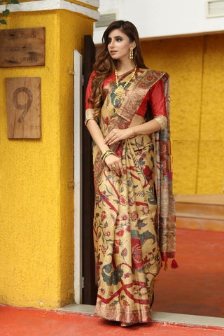 Majesty Beige Pure Linen Jari Patta and Digital Print Saree with Blouse