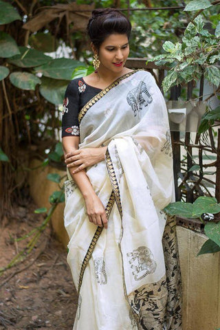 Gorgeous Designer Beige and Black Colour Pure Linen Jari Patta and Digital Print Saree with Blouse