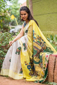 Flaunt Fashions White and Yellow Pure Linen Jari Patta and Digital Print Saree with Blouse