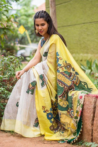 Flaunt Fashions White and Yellow Pure Linen Jari Patta and Digital Print Saree with Blouse