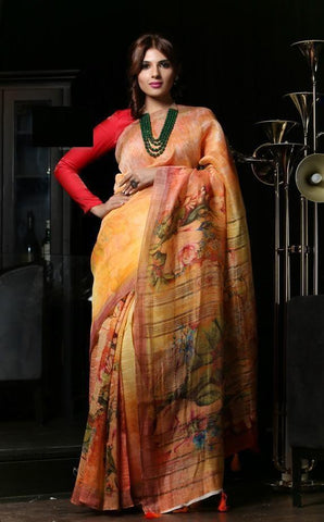 Groovy Multi Colours Pure Linen Jari Patta and Digital Print Saree with Blouse