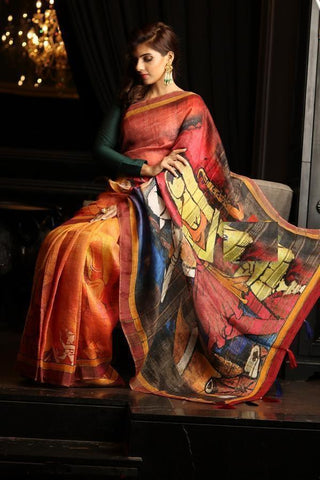 Opulent Mustered Colour Pure Linen Jari Patta and Digital Print Fashion Saree with Blouse