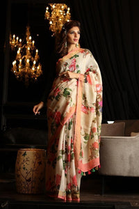 Radiant Multi Colours Pure Linen Jari Patta and Digital Print Saree with Blouse