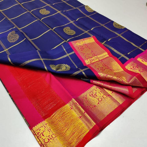 Awesome Blue And Red Color Designer Kanjivarm Silk  Saree