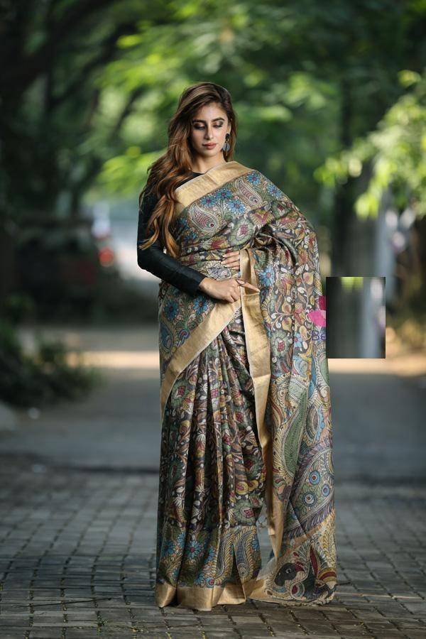 Pretty Pure Linen Golden Jari Patta and Designer Digital Print Saree with Blouse