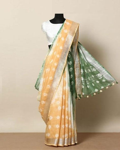 Flattering Green and Yellow Digital Printed Linen Zari Patta Saree with Petrichor Blouse Piece