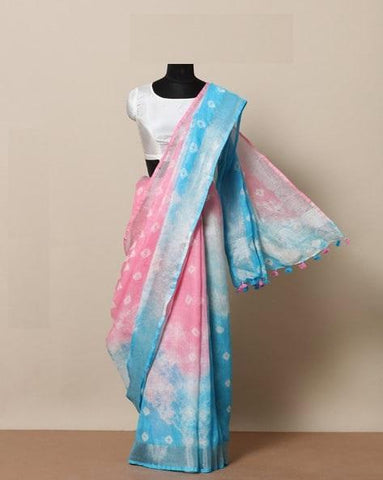 Flaunt Turquoise and Pink Digital Printed Linen Zari Patta Saree with Panoply Blouse Piece