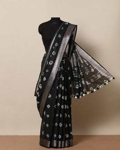 Gleaming Black Digital Printed Linen Zari Patta Saree with Palimpsest Blouse Piece