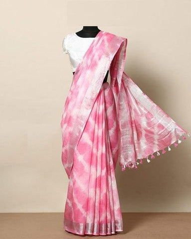 Gorgeous Pink Digital Printed Linen Zari Patta Saree with Nemesis Blouse Piece