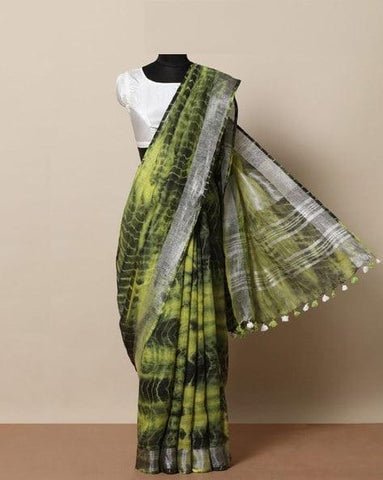 Gratifying Green Digital Printed Linen Zari Patta Saree with Murmurous Blouse Piece