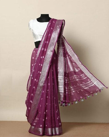Innovative Wine Digital Printed Linen Zari Patta Saree with Moiety Blouse Piece