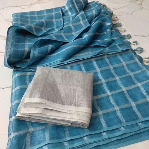Invaluable Rama Digital Printed Linen Zari Patta Saree with Mellifluous Blouse Piece