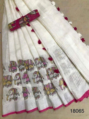 Lovely White Digital Printed Linen Zari Patta Saree with Lissome Blouse Piece