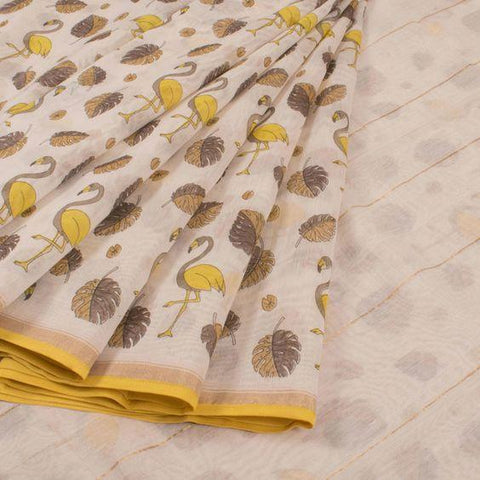 Mesmerising Beige and Yellow Digital Printed Linen Zari Patta Saree with Lagniappe Blouse Piece