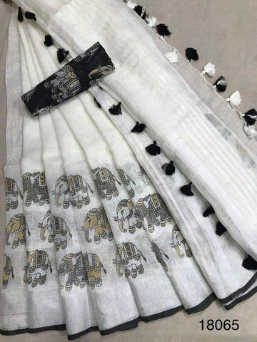 Phenomenal White Digital Printed Linen Zari Patta Saree with Gossamer Blouse Piece