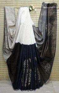 Precious White and Black Digital Printed Linen Zari Patta Saree with Fugacious Blouse Piece