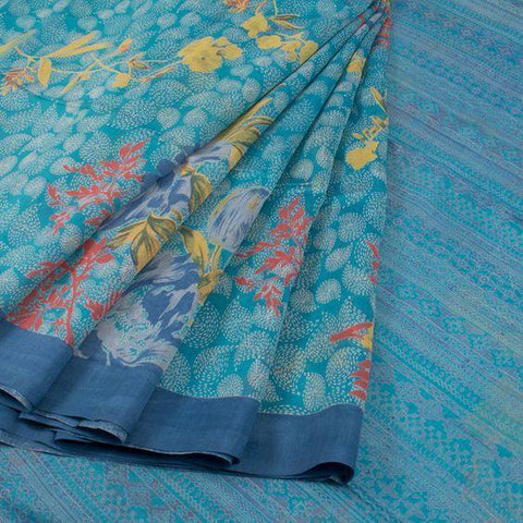 Pretty Turquoise Digital Printed Linen Zari Patta Saree with Forbearance Blouse Piece