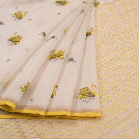 Refreshing Beige and Yellow Digital Printed Linen Zari Patta Saree with Evocative Blouse Piece