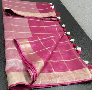Sensational Dark Pink Digital Printed Linen Zari Patta Saree with Evanescent Blouse Piece