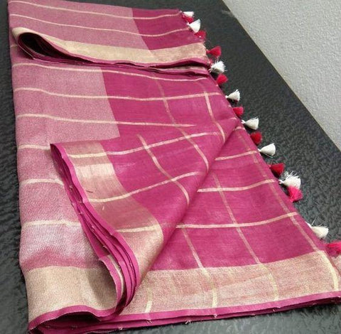 Sensational Dark Pink Digital Printed Linen Zari Patta Saree with Evanescent Blouse Piece