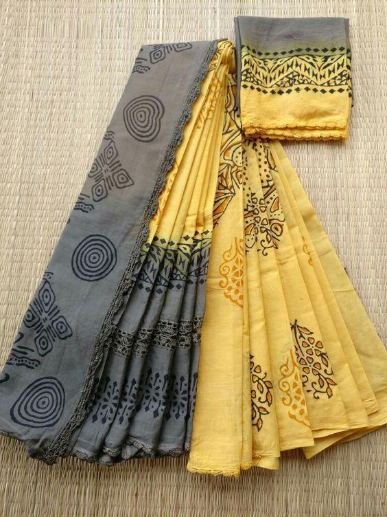 Skinny Grey and Yellow Digital Printed Linen Zari Patta Saree with Ephemeral Blouse Piece