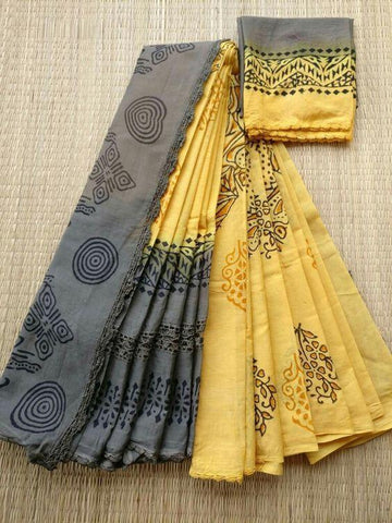 Skinny Grey and Yellow Digital Printed Linen Zari Patta Saree with Ephemeral Blouse Piece
