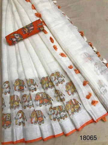Sophisticated White and Orange Digital Printed Linen Zari Patta Saree with Embrocation Blouse Piece