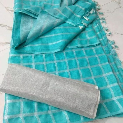Staring Turquoise Digital Printed Linen Zari Patta Saree with Eloquence Blouse Piece