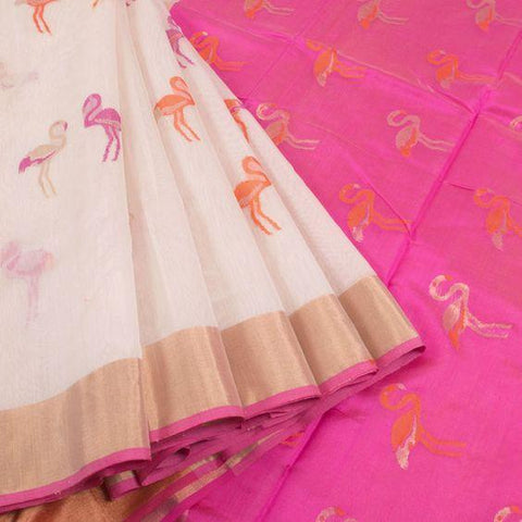Stunning Pink and Beige Digital Printed Linen Zari Patta Saree with Elision Blouse Piece