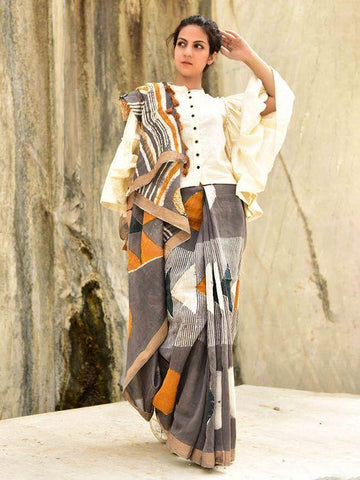Stylish Grey Digital Printed Linen Zari Patta Saree with Efflorescence Blouse Piece