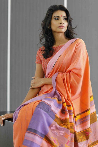 Trendy Orange Digital Printed Linen Zari Patta Saree with Effervescent Blouse Piece